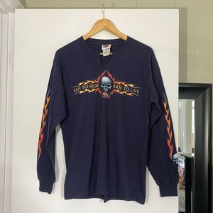 Harley Davidson Navy Blue Live To Ride Flame Skull Long Sleeve Tee Medium